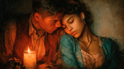 A candle illuminates a couple's loving embrace, creating a scene of romantic intimacy.