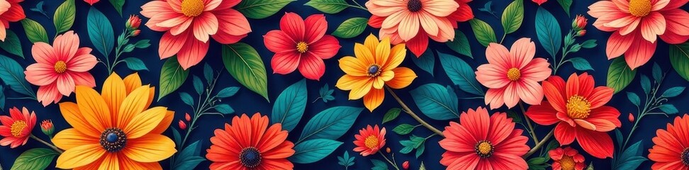 Bold vibrant floral pattern with rich color palette ideal for wallpaper, peonies, daisies, summer