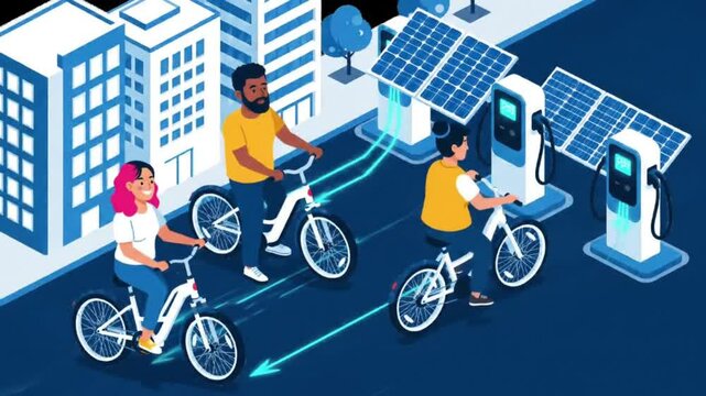 People riding electric bicycles near charging stations in a sustainable city