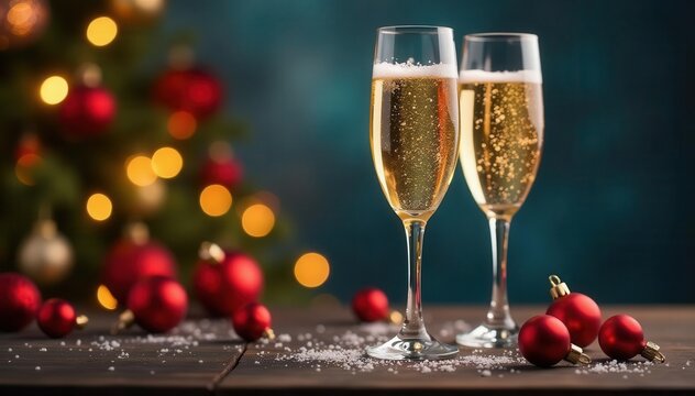 Champagne flutes filled with bubbly, adorned with festive ornaments , glassware, red, silver