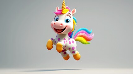 Naklejka premium Cute cartoon unicorn jumping, studio shot against gray background