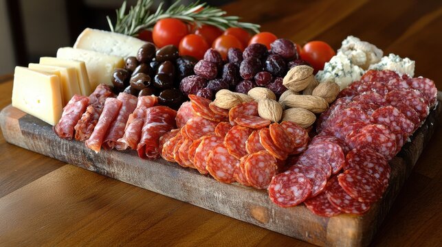 A delicious charcuterie board featuring an array of cured meats, cheeses, olives, and nuts.
