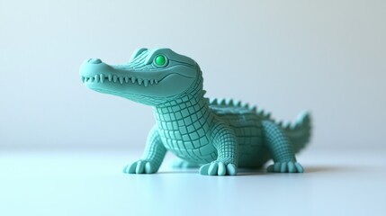Fototapeta premium Teal crocodile figurine on white surface, minimalist background, studio shot