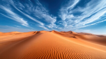 Expansive desert landscape with rolling sand dunes under a vibrant blue sky and wispy clouds