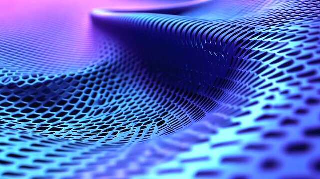 Vibrant blue and pink light illuminates a macro view of an undulating, perforated surface with a repeating geometric pattern and soft focus