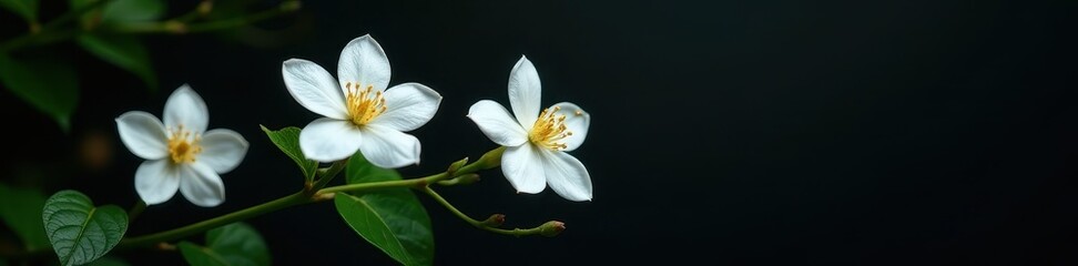 Delicate white jasmine blossoms contrast sharply against a deep black background , spring, plant, macro