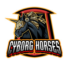 Illustration vector grapich of horse robotic and shield perfect for mascot logo design 