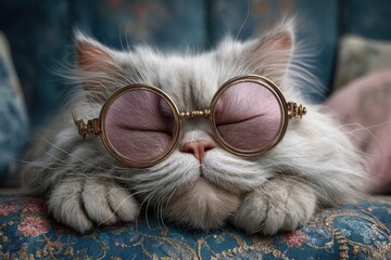 A fluffy gray cat rests peacefully on a vintage sofa, sporting round sunglasses. Its serene expression and relaxed posture complement the rich, patterned upholstery in the background.