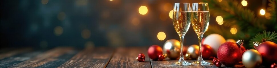 Elegant champagne flutes & shimmering ornaments, holiday cheer , ornaments, Christmas, festive