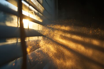 Dust Particles Dance in Golden Sunbeam Streaming Through Window Blinds During Early Morning Hours Generative AI