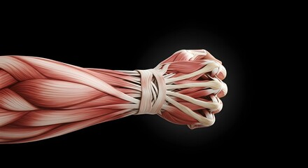 Detailed Anatomy Illustration of a Human Forearm Showing Muscles and Tendons in a Clenched Fist