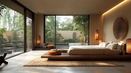 Fototapeta premium Floor to ceiling glass window bedroom high resolution picture