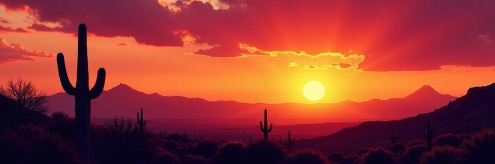 Fiery Arizona sunset over saguaro cacti silhouettes, color, heat, desert