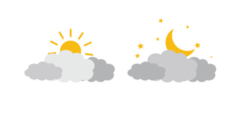 Day and night concept with sun and moon in sky. Vector Illustration
