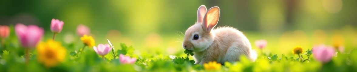 Fototapeta premium Fluffy bunnies nibbling clover, vibrant spring blooms , meadow, white