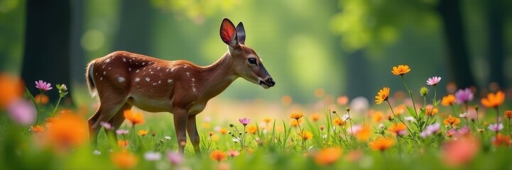 Gentle deer feeding amongst vibrant wildflowers, serene forest ambiance, animal photography, meadow