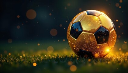 Fototapeta premium Gleaming gold soccer ball, glitter sparkles, dark bokeh , shine, image, shine