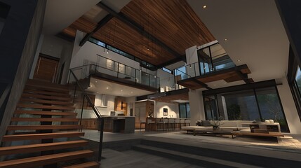 Obraz premium Contemporary modern home, interior living room, entrance stairs, high ceiling, kitchen open