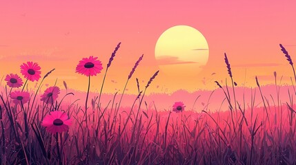 Serene Sunset Meadow Pink Flowers and Tall Grass