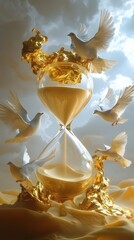 Golden Hourglass with Soaring Doves
