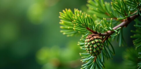 Green pine cones on a young pine tree, fresh growth , nature, ecology