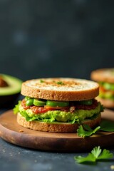 Green pea hummus sandwich, rustic granite backdrop, preparation, cuisine, foodphotography