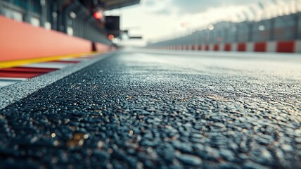 A close-up shot of an empty Formula 1 track with a focus on the pit area. The wet asphalt reflects lights, creating a serene atmosphere. Ideal for automotive themes.
