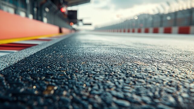 A close-up shot of an empty Formula 1 track with a focus on the pit area. The wet asphalt reflects lights, creating a serene atmosphere. Ideal for automotive themes.