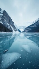 Icy lake surface reflects overcast sky, muted winter light, colors, scene