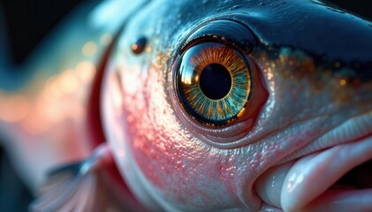 Intricate albacore tuna eye and gill detail Close-up view reveals anatomical complexity , closeup photography, biology