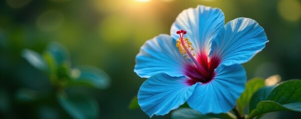 Intricate blue hibiscus, pollen dusted stamen, sunlit scene, macro, blossom