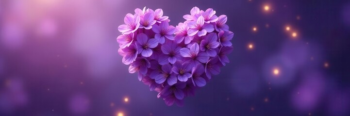 Intricate purple blossoms arranged as a heart, soft focus , close-up, love, petals