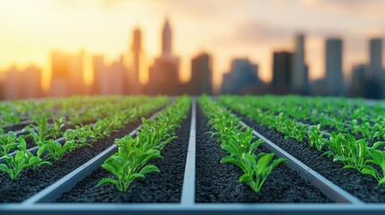 Sustainable Business Concept. This image captures the essence of urban farming, showcasing vibrant green plants in rows against a stunning city skyline at sunset.
