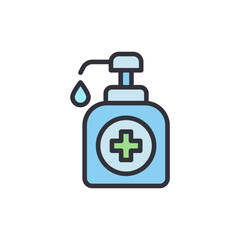 Stylized dispenser bottle emblem, representing health and sanitation product
