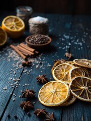 Dried Orange Slices With an Assortment of Spices on a Dark Wooden Table During Autumn Season Preparations for Festive Recipes Generative AI