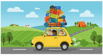 Animated Family Trip Illustration: A Journey Filled with Luggage and Adventure