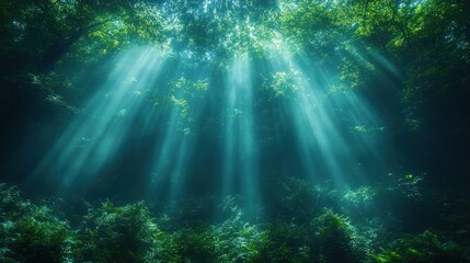 Obraz premium Sunbeams Illuminating Underwater Forest