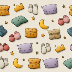 Cute bedtime pattern with pillows, socks, stars, and moon