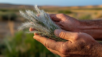 Desert bush texture featuring silvery seedheads with delicate hairy fibers held by weathered hands against natural southwestern landscape backdrop