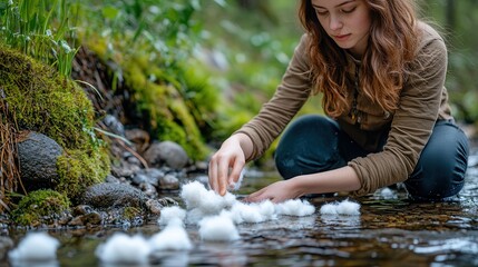 Cottonwood fluff tufts floating on transparent creek water surrounded by lush green moss during sunset
