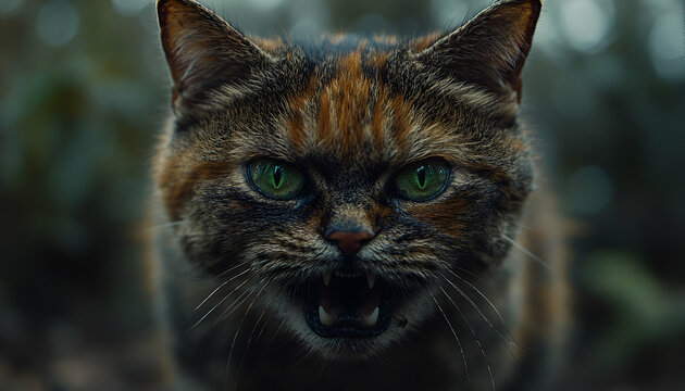 Aggressive Tortoiseshell Cat with Glaring Green Eyes in Dark Forest Setting