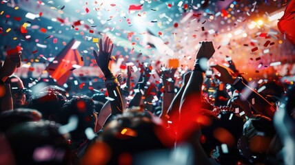 A vibrant scene of fans celebrating with confetti and flags, capturing the excitement and joy of a thrilling sporting event under dazzling lights.