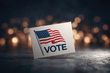 A vote card displays an American flag and the word vote, set against a bokeh background with sparkling lights. The colors and design highlight civic participation and pride.