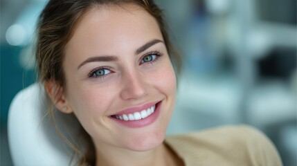 Portrait of a young woman with a beautiful bright smile and green eyes girl face skin care teeth