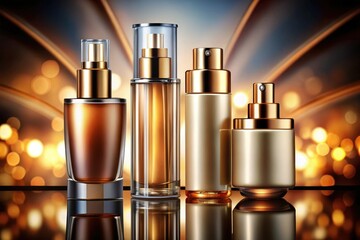 Naklejka premium Cosmetic Bottles, Beauty Product Packaging, Skincare Set, Makeup Containers, Elegant Design, Luxury Bottles, Premium Cosmetics, Bottle Mockup, Cosmetic Design, Product Packaging Design