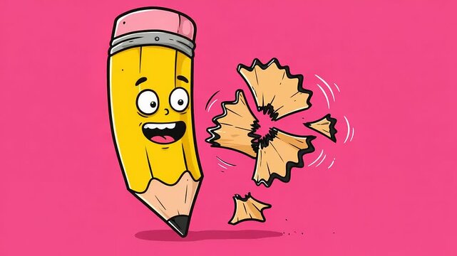 Cartoon pencil with a joyful expression breaking apart with shavings flying against a pink background