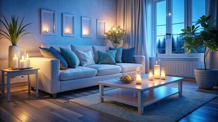 Obraz premium Cozy Blue Living Room: Modern Interior Design with Soft Candlelight & White Sofa