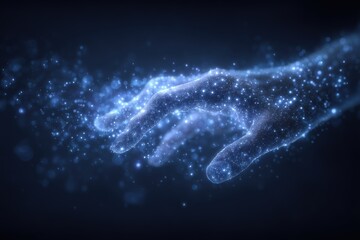 A glowing hand extends into the darkness, surrounded by sparkling particles resembling stars. This ethereal representation evokes feelings of connection and vastness in a cosmic setting.