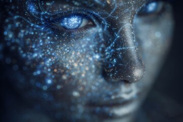 A close-up view reveals a woman whose face is adorned with shimmering cosmic patterns and vibrant stars. The background is dark, enhancing the otherworldly glow on her features.