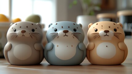 Cute otter figurines on a wooden table in a home kitchen